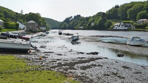 En vy över en flod med båtar förtöjda längs stranden, omgiven av hus och frodig grönska.