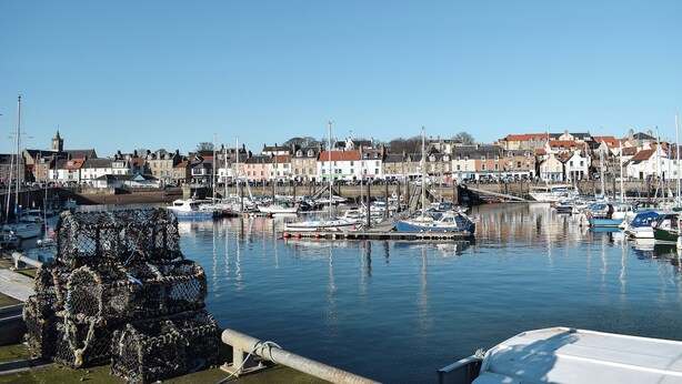 A harbor with boats, a bridge, and buildings in the background.