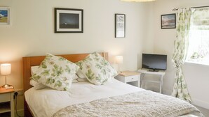 A neatly made bed with floral pillows, a bedside lamp, a television on a small table, and a window with curtains.