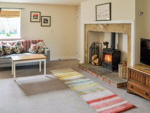 A living room with a sofa, a fireplace, a television, and a striped rug.