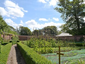 Um jardim com um caminho de cascalho, sebes verdes e diversas plantas.