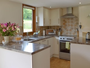 A kitchen with a sink, stove, microwave, and cabinets.