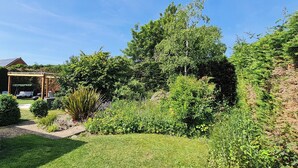 Ein üppiger Garten mit einer Pergola, einer Schaukel und verschiedenen Pflanzen und Bäumen.