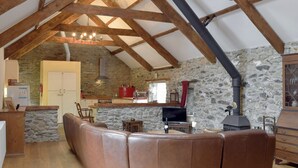 Un interno rustico con una parete in pietra, travi in legno, un camino in pietra e un divano in pelle sagomata.