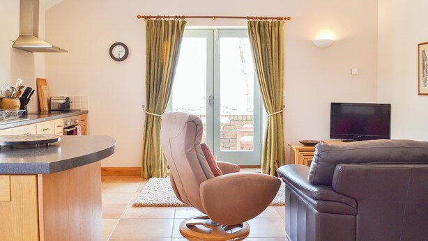 Ein modernes Wohnzimmer mit Küchenbereich, einem bequemen Sessel, einer Couch und einem Fernseher.