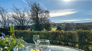 Una mesa de vidrio con una botella y un bol de patatas frente a una vista panorámica de un viñedo y colinas.