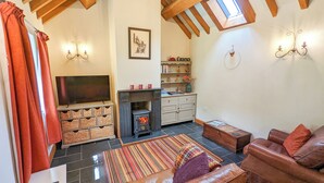 Een knusse woonkamer met een open haard, leren banken, een televisie en een boekenplank.