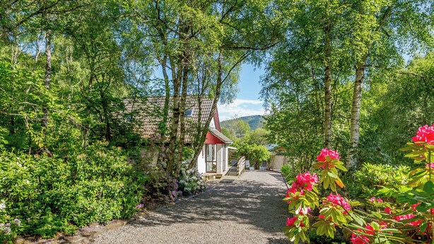 A gravel path leading to a traditional building with a red roof, surrounded by lush greenery and flowering plants. - Glen View of Enrick House (Balnain near Drumnadrochit)