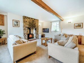 A cozy living room with a stone fireplace, two sofas, a coffee table, and a TV. - Granary Cottage - E5634 (Chittlehampton, near Umberleigh)