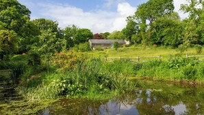 A serene pond with a wooden fence, surrounded by lush greenery and trees. - 3 bedroom accommodation in Advent (Advent)
