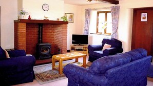 A living room with a fireplace, blue sofas, a television, and a clock on the wall.