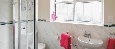 A bathroom with a glass shower enclosure, a toilet, a sink, and a window.