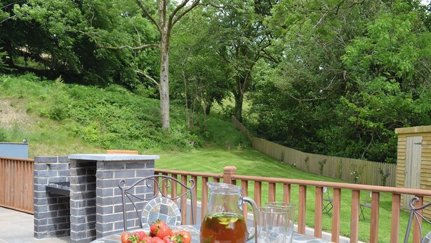 Een terras met een stenen barbecue, een schaal aardbeien, een kan ijsthee en een glas water op een tafel.