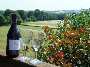 A bottle of wine and two glasses on a wooden ledge with a view of a green field and trees.