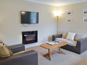 Ein Wohnzimmer mit Flachbildfernseher, Kamin, Sofa, Couchtisch und Stehlampe.