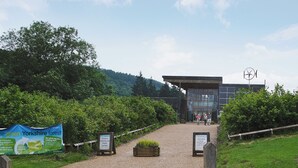 A gravel pathway leading to a building with a large glass entrance, surrounded by greenery and a signboard about the Yorkshire forest. - Bickley School Annexe (Bickley, near Langdale End)