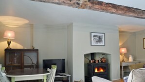 A cozy living room with a fireplace, a dining table with chairs, a television, and a sofa. - 1 bedroom accommodation in Combe, near Presteigne (Combe, near Presteigne)