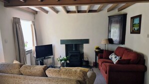 Un salon avec un canapé, un divan rouge, un téléviseur, une cheminée et un tableau accroché au mur.