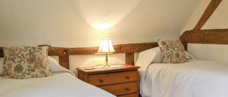 A bedroom with two beds, a nightstand with a lamp, and a wooden headboard.