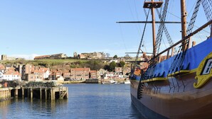 A tall ship docked at a harbor with a town in the background. - 2 bedroom accommodation in Whitby (Whitby)