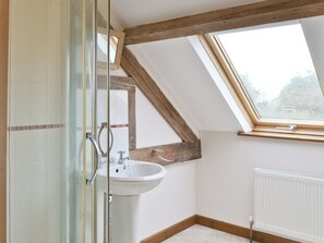 A bathroom with a skylight, a sink, and a shower.