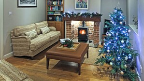 A cozy living room with a fireplace, a bookshelf, a sofa, a coffee table, and a decorated Christmas tree.