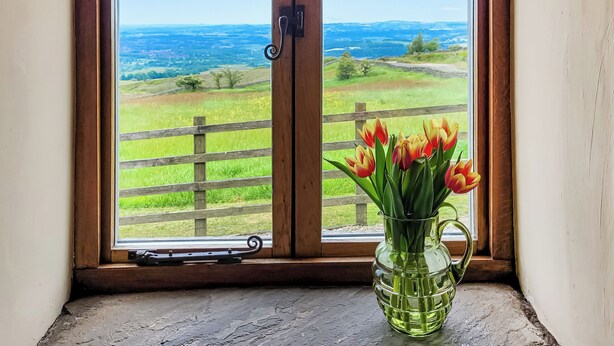 A window with a view of a green landscape and a wooden fence. - 2 bedroom accommodation in Thorncliffe, near Leek (Thorncliffe, near Leek)