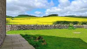 A rural landscape with a stone wall, a grassy area, and a field of yellow flowers under a partly cloudy sky. - 3 bedroom accommodation in Milfield, near Wooler (Milfield, near Wooler)