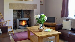 A cozy living room with a fireplace, a television, and a comfortable seating area. - 3 bedroom accommodation in Milfield, near Wooler (Milfield, near Wooler)