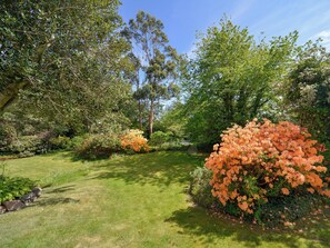 Un jardin bien entretenu, agrémenté de divers arbustes et arbres, un ciel dégagé et une pelouse soigneusement taillée.
