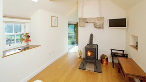 Una habitación con techo de vigas de madera, chimenea, ventana con flores y televisor en la pared.