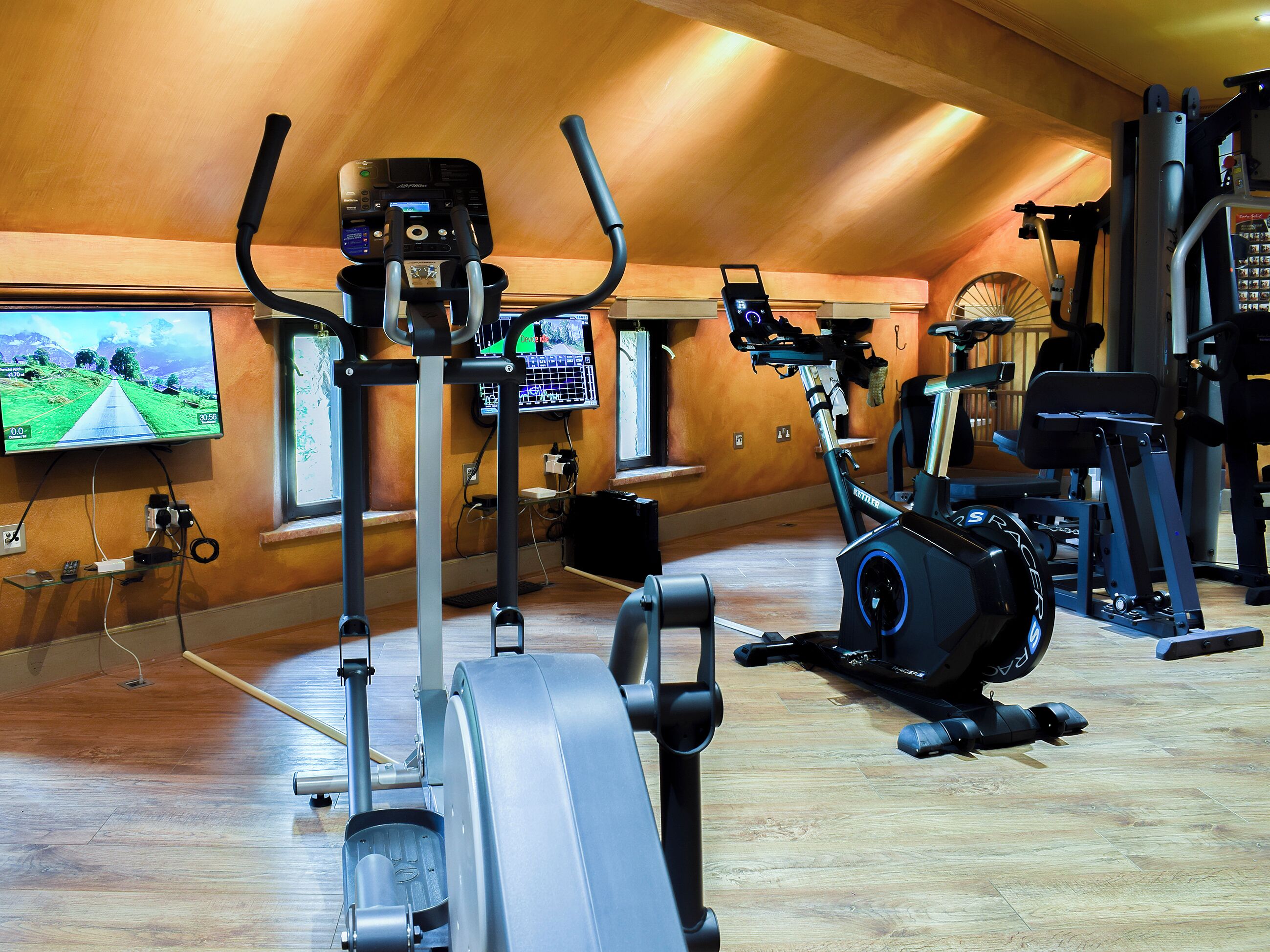 Une salle de sport équipée de divers appareils d’exercice, avec un téléviseur fixé au mur et un plancher en bois.
