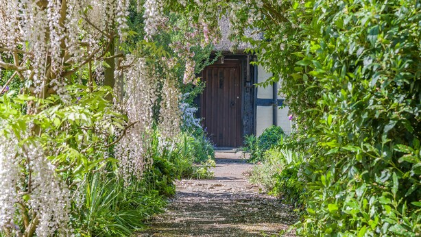 A pathway leading to a wooden door surrounded by lush greenery and white flowers. - 3 bedroom accommodation in Callow End, Worcester (Callow End, Worcester)