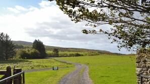 A rural landscape with a gravel path leading through a green field, a stone wall, and a wooden gate. - 1 bedroom accommodation in Once Brewed, Bardon Mill, near Hexham (Once Brewed, Bardon Mill, near Hexham)
