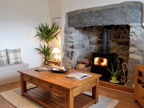 A cozy living room with a stone fireplace, a wooden table, a sofa, and a potted plant.