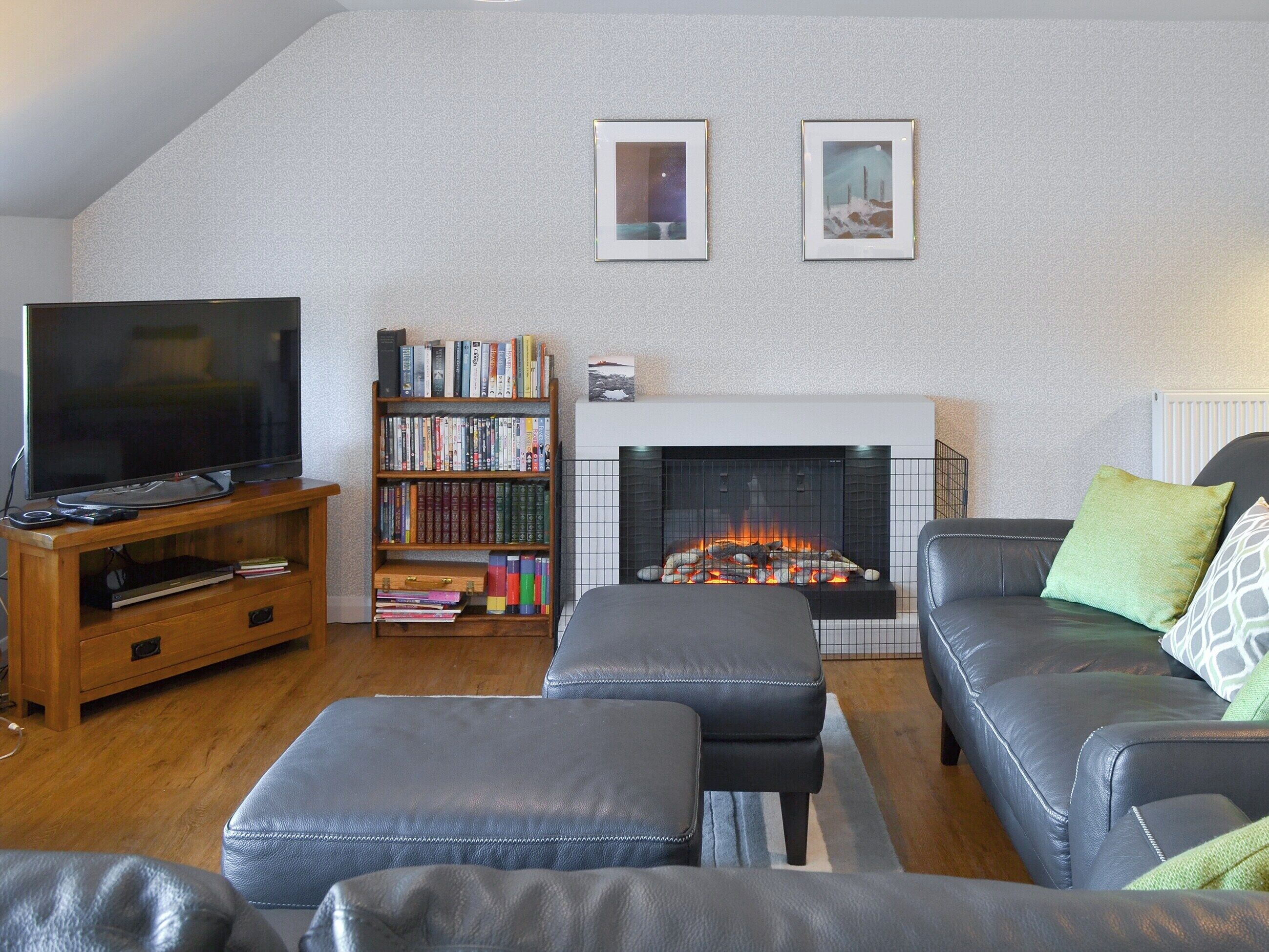 A living room with a fireplace, a bookshelf, a television, and leather furniture.