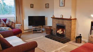 Ein Wohnzimmer mit Kamin, Fernseher und Sofa.