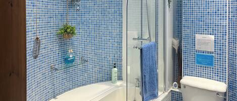 A bathroom with a glass-enclosed shower, a bathtub, and a toilet.