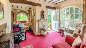 Un salon chaleureux avec une cheminée, un téléviseur et une grande fenêtre donnant sur le jardin.