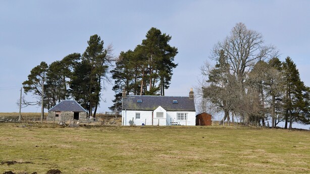 Een wit huis met een grijs dak, omgeven door een grasveld en bomen.