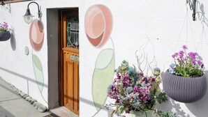 A building with a door, a window, and a wall with a painted design. There are hanging flower baskets and a potted plant on the wall. - 2 bedroom accommodation in Buckie, near Cullen (Buckie, near Cullen)