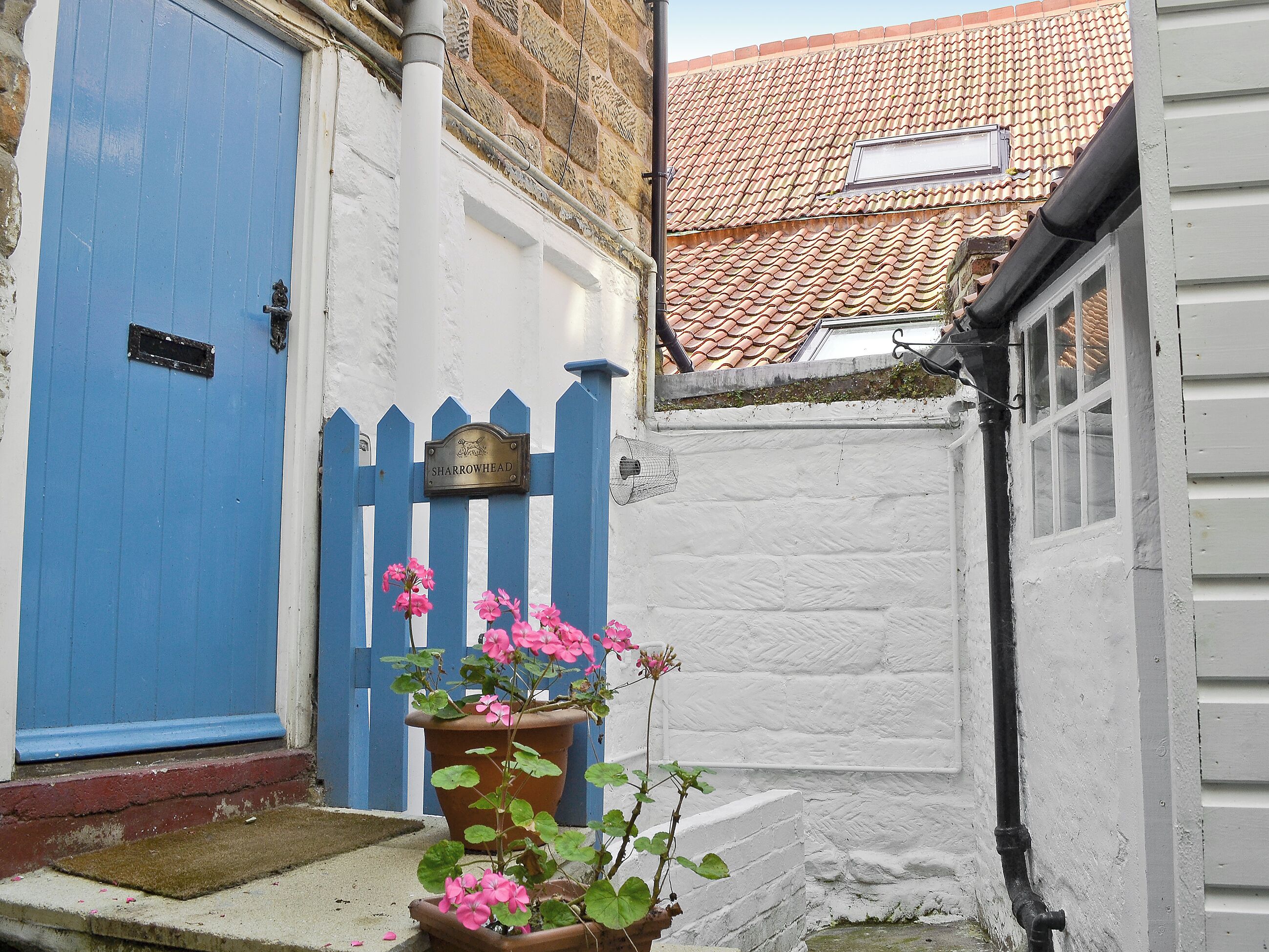 A blue door, a white wall, a blue picket fence, and a sign reading 'SHARROWHEAD'.