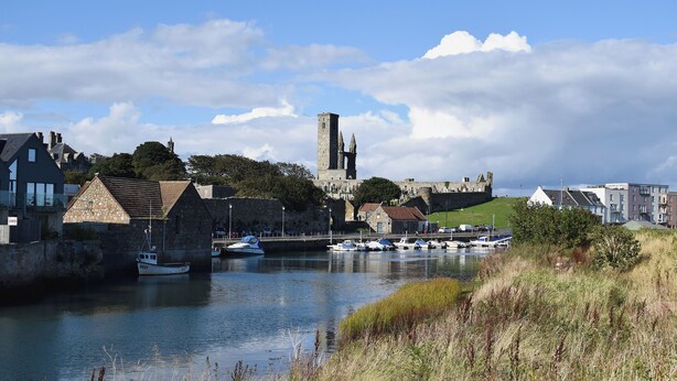 Un pueblo costero con una torre histórica, edificios de piedra y un puerto deportivo con barcos.