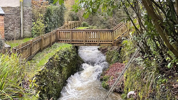 Un puente de madera sobre un arroyo serpenteante en un exuberante jardín.