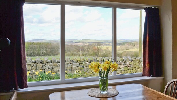 Une table à manger ornée d’un vase de fleurs jaunes, un mur en pierre et une vue sur un paysage rural, visible à travers une fenêtre avec des rideaux.