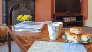 Una habitación con chimenea, televisión, un mapa y un plato de galletas.