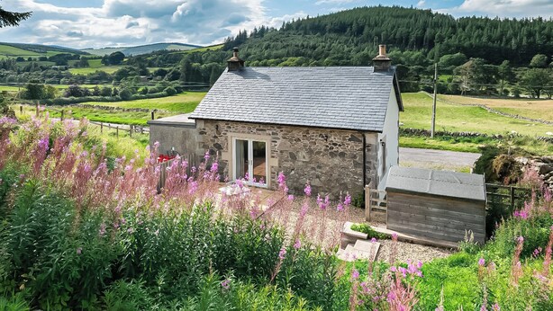 A stone cottage with a sloped roof, surrounded by lush greenery and wildflowers. - Nettlebush Cottage-UK5629 (Drumelzier, near Peebles)
