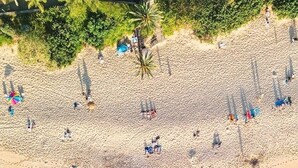 An aerial view of a beach with clear turquoise waters, a sandy shore, and palm trees.