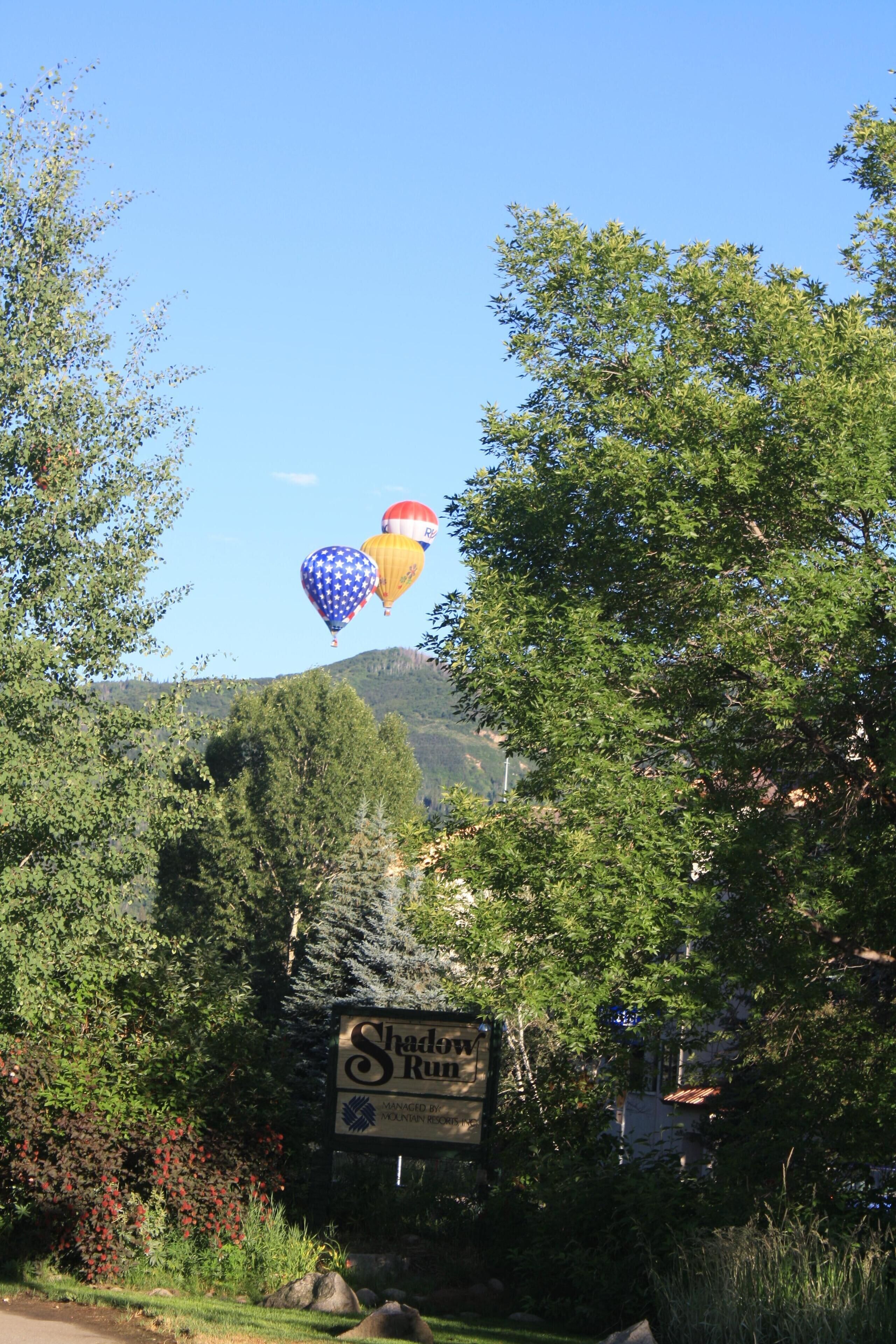 A sign for Shadow Run with a view of trees and a clear sky.