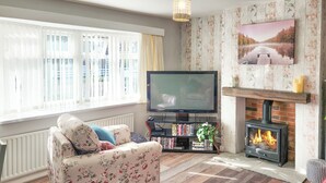 A living room with a sofa, TV, fireplace, and a bookshelf. - 2 bedroom accommodation in Beadnell, near Seahouses (Beadnell, near Seahouses)
